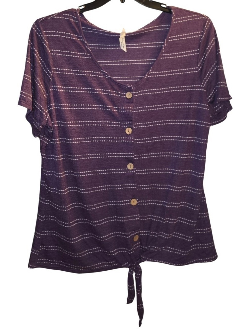 NY Collection Woman Short Sleeve Blouse Purple White Stripe Size 1X